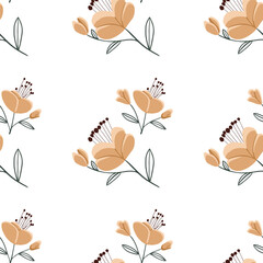 Seamless pattern with colorful hand drawn flowers. Original textile, wrapping paper, wall art surface design. Vector illustration. Floral simple minimalistic graphic design