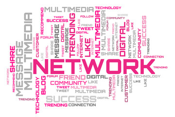 Obraz premium Network word cloud illustration. Purple word collage