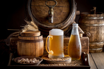 Light beer in a glass on the table
