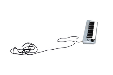 Electronic synthesizer with cable and connector 5 meters on a white background. Isolate