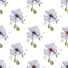 Seamless pattern with colorful hand drawn flowers. Original textile, wrapping paper, wall art surface design. Vector illustration. Floral simple minimalistic graphic design