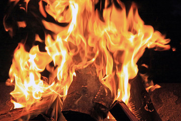 Coals smolder in a fire