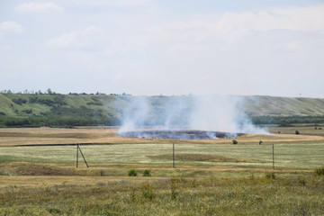 Fototapeta na wymiar Fire in field where hay was grown. burning dry grass