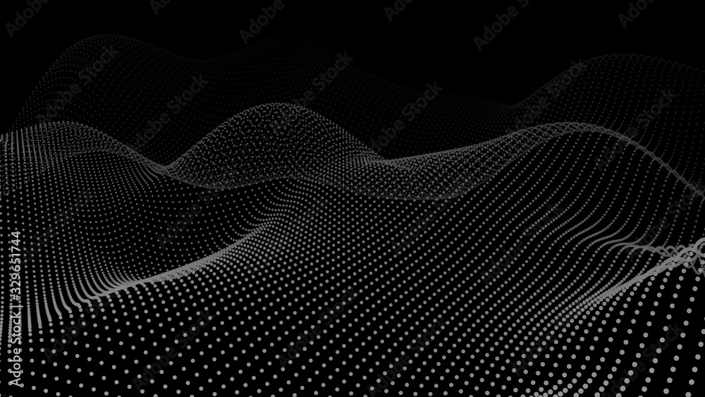 Poster abstract dynamic wave of particles. wave of gradient dots on black background. futuristic vector ill