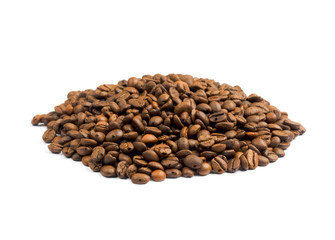 a lot of coffee beans of low-quality and with many defects: spots, cracks, damage, holes, insect marks. Isolated on white.