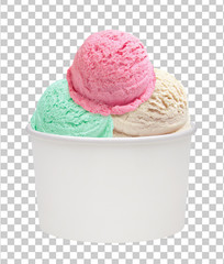 Strawberry, vanilla, mint ice cream scoops in white blank paper or cardboard cup on isolated background including clipping path