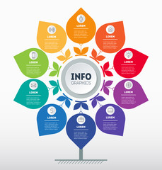 Business presentation or infographics concept with 10 options. The chart in the shape of a flower. Info graphic of technology or education process with ten steps.