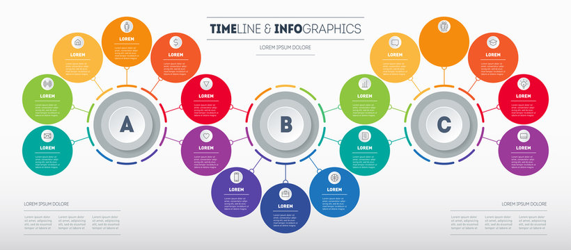 Infographic consisting of 3 segments and 17 parts. Business presentation with options. Brochure design template. Diagram of technology or education process with seventeen steps. Vector.