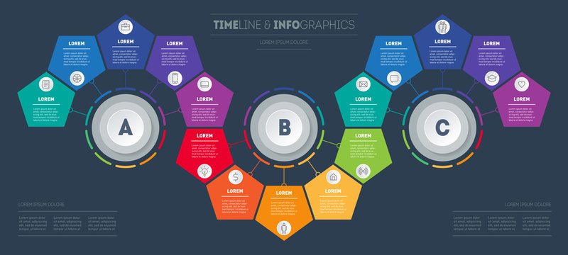 Infographic consisting of 15 parts divided into 3 segments of 5 parts. Business presentation concept with options. Brochure design template. Diagram of technology or education process with steps.