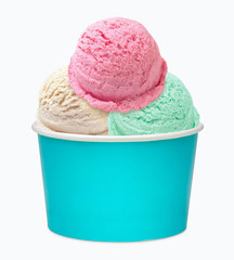 Strawberry, vanilla, mint ice cream scoops in white blank paper or cardboard cup isolated on white background including clipping path