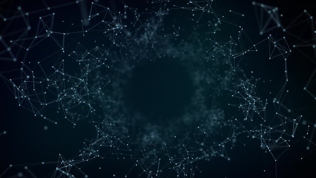 Gateway of space tunnel portal for future with flickering light grid wireframe wall dot line and circle swirl wave surface with door for digital space galaxy science technology abstract concept