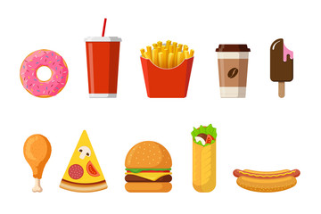 Fast sreet food lunch or breakfast set. Classic burger, french fries, fried crispy chicken leg, glazed donut, soft drink, coffee cup, ice cream, hot dog, pizza and shawarma. Vector illustration