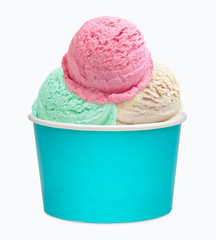 Strawberry, vanilla, mint ice cream scoops in white blank paper or cardboard cup isolated on white background including clipping path