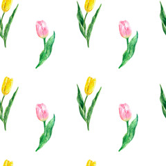 Watercolor tulips seamless pattern. Pastel pink and yellow tulip flowers on white background. Spring botanical repeat print. Hand drawn illustration.