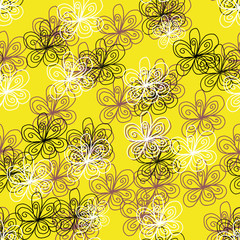 Fototapeta premium Seamless repeat pattern with hand drawn white, black, beige flowers on yellow background.Great for wedding decor, wrapping paper, background, fabric print, web page backdrop, wallpaper