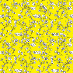 seamles pattern of tree branch with flowers and leaves, graphic hand drawn, blossom tree on yellow background. Simple pencil art for drawn fabric, gift wrap, wall art design, wallpaper, card, textile