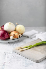 Whole Green Onions on Cement Cutting Board with Several Varieties of Onions Out of Focus in Background