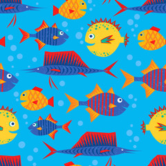 Plakat Cute cartoon fishes illustration. Vector seamless pattern.