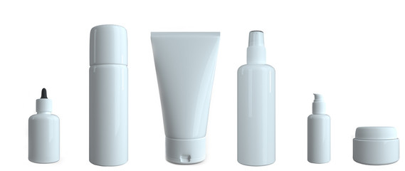 Set of realistic white color cosmetic bottle. 3D mockup bottle on white background. Cosmetic products package.