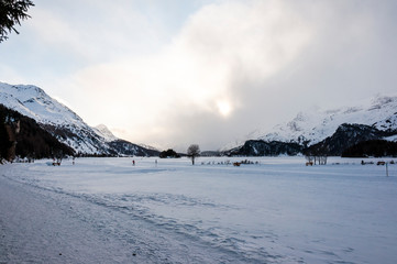 Sils, Silsersee, Langlauf, Langlaufloipe, Piz da la Margna, Maloja, Malojawind, Winter, Wintersport, Abendstimmung, Oberengadin, Alpen, Graub&uuml;nden, Schweiz