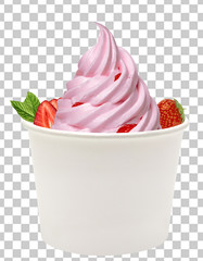 Strawberry frozen yogurt or soft ice cream with strawberries in blank disposable paper or carton...