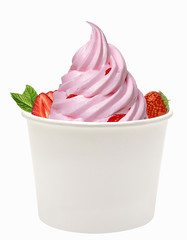Strawberry frozen yogurt or soft ice cream with strawberries in blank disposable paper or carton...