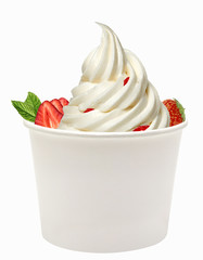 Strawberry frozen yogurt or soft ice cream with strawberries in blank disposable paper or carton...