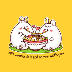 Cute happy funny rabbits couple eat ramen