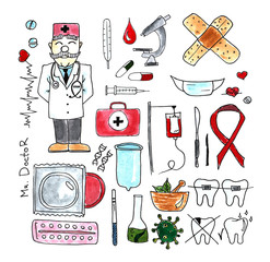 Medical Doodle line watercolor set. Medical sketch of the collection