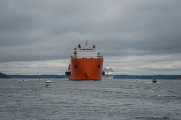 Ship transportation of a new bridge, Guldbron, from China to Stockholm in the archipelago passage...