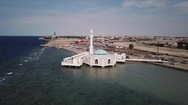 Aerial view of beautiful floating mosque and Red Sea coast in Jeddah, religion and architecture in Saudi Arabia