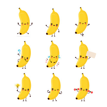 Cute happy smiling banana fruit set collection