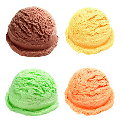 mint, chocolate and vanilla ice cream scoops or balls isolated on white background including clipping path.
