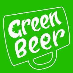 Green beer lettering with shamrock shapes inscribed in beer mug. St. Patrick's Day poster. Special offer advertising. Chalkboard menu. Use for prints, banner.