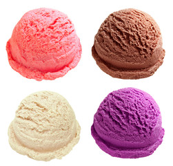 strawberry, chocolate and vanilla ice cream scoops or balls isolated on white background including clipping path.