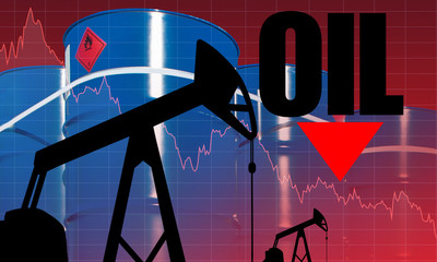 Decline in crude oil prices. The inscription oil on the background of falling charts. Concept is...