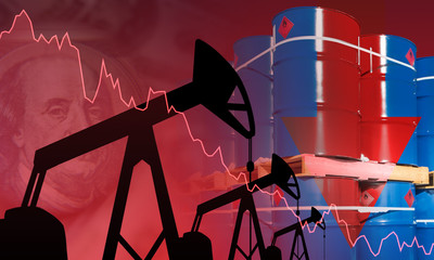 Falling oil prices. Red arrow is shown on the barrels. Concept -reducing the profitability of oil...