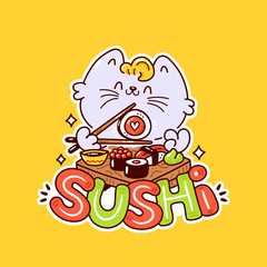 Cute happy smiling cat eat sushi