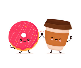 Cute happy smiling donut and coffee cup