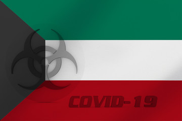 3D ILLUSTRATION VIRUS, BIOHAZARD SYMBOL CORONAVIRUS WITH Kuwait FLAG, Flu coronavirus floating, micro view, pandemic virus infection, asian flu.