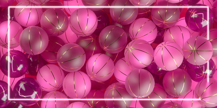 background made of trnslucent pink basketballs glossy and matte with golden stripes, womans basketball poster sports fashion with copy space. 3d render.