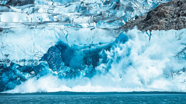 Melting glaciar ice. Ice calves away from the  Viedma Glacier in Argentinian Patagonia. Affected by climate change and global warming.