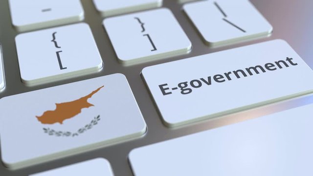 E-government or Electronic Government text and flag of Cyprus on the keyboard. Modern public services related conceptual 3D animation