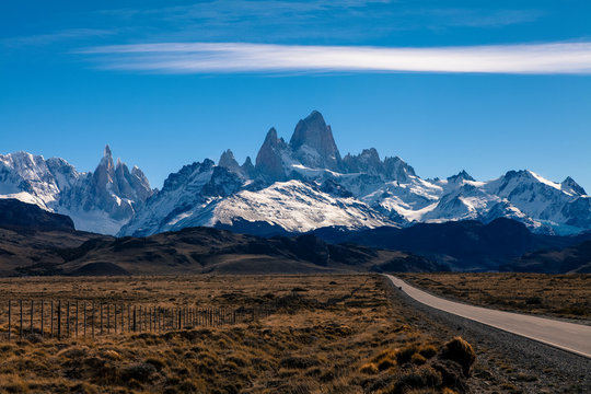 Beautiful Alpine peak with Mount Fitz Roy, Cerro Chalten viewed from Road to El Chalten. 