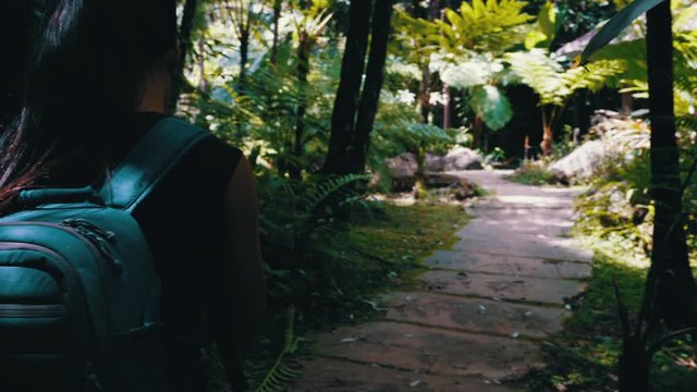 Traveler woman with backpack in tropical rainforest looking looks at the map on the phone to find a route. People travel enjoying nature and life concept.