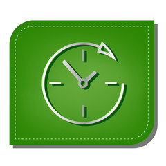 Wall clock. Support. Silver gradient line icon with dark green shadow at ecological patched green leaf. Illustration.