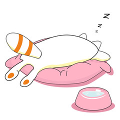 Vector drawing of a sleeping kitten on a big pillow on a white isolated background. Fluffy tail, paws. Style is flat, sticker, print on fabric.