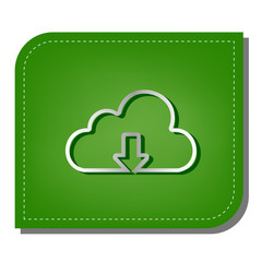 Cloud technology sign. Silver gradient line icon with dark green shadow at ecological patched green leaf. Illustration.