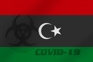 3D ILLUSTRATION VIRUS, BIOHAZARD SYMBOL CORONAVIRUS WITH Libya FLAG, Flu coronavirus floating, micro view, pandemic virus infection, asian flu.