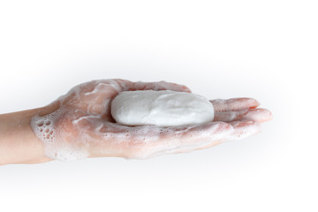 Washing hands. Daily personal care against viruses, bacteria, microbes. Hand holding soap.